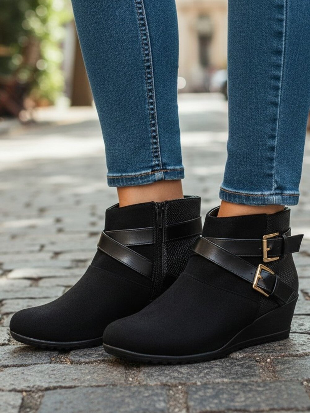 NWOT Ashley Blue Black 2 Buckle Wedge Ankle Boot